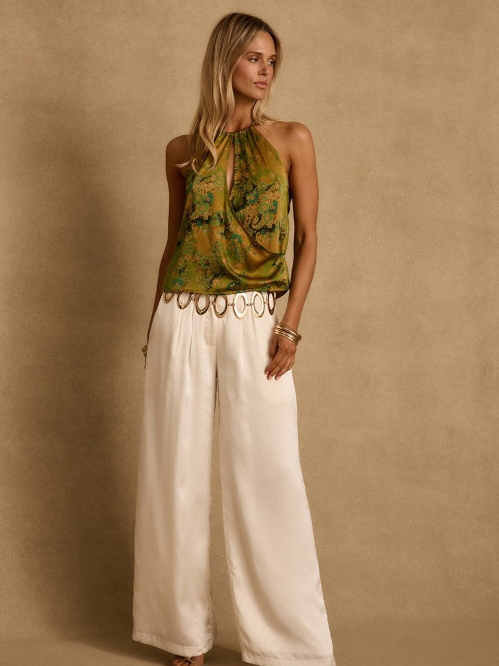 12th Tribe Wild Hibiscus Chartreuse Halter Top Size S - Picture 3 of 4